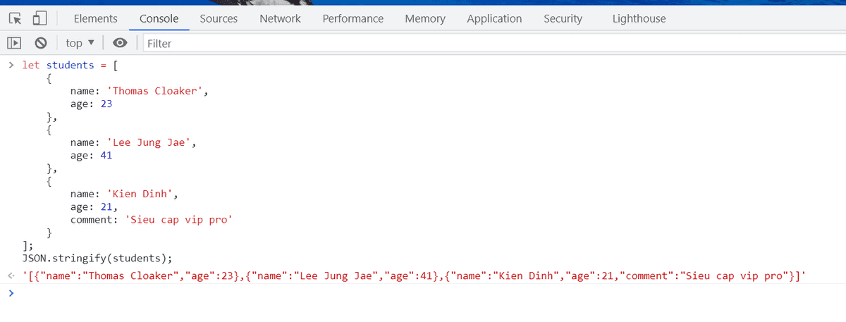 Json trong console trình duyệt
